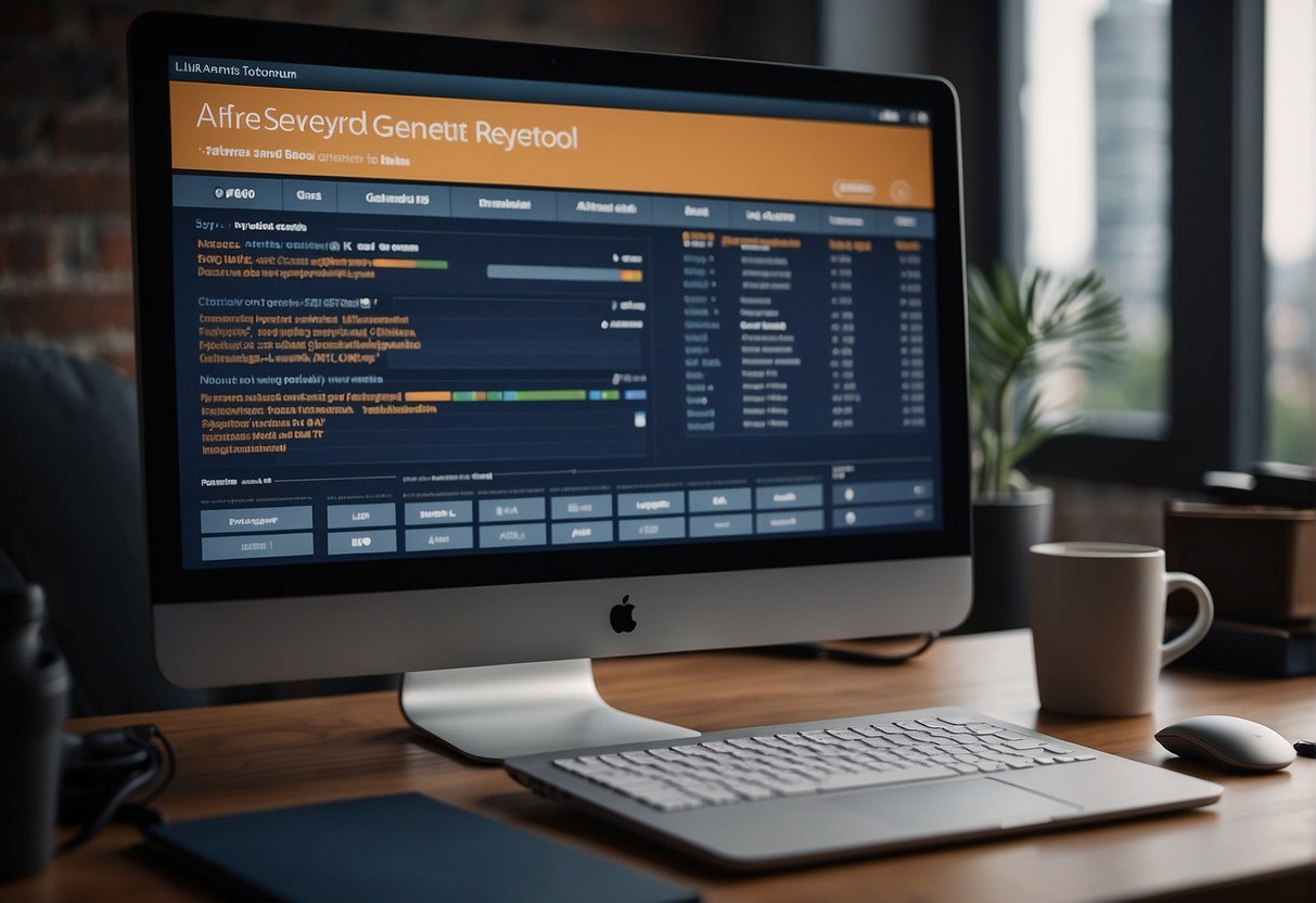 A computer screen displays the ahrefs keyword generator tool, with various keyword suggestions and search volume data